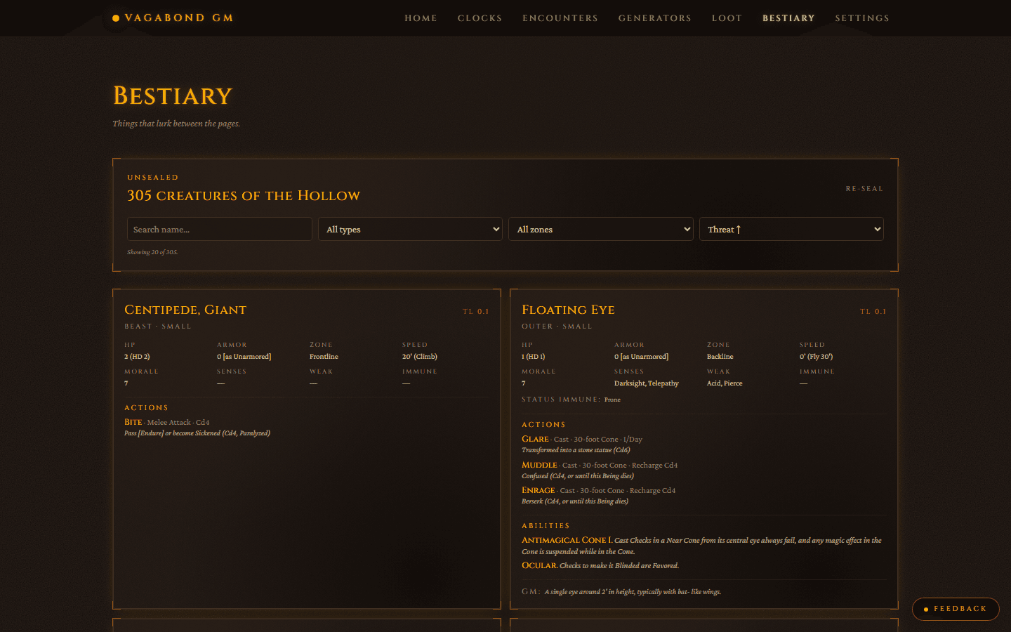 GM Toolkit bestiary screen with creature lists and encounter details.