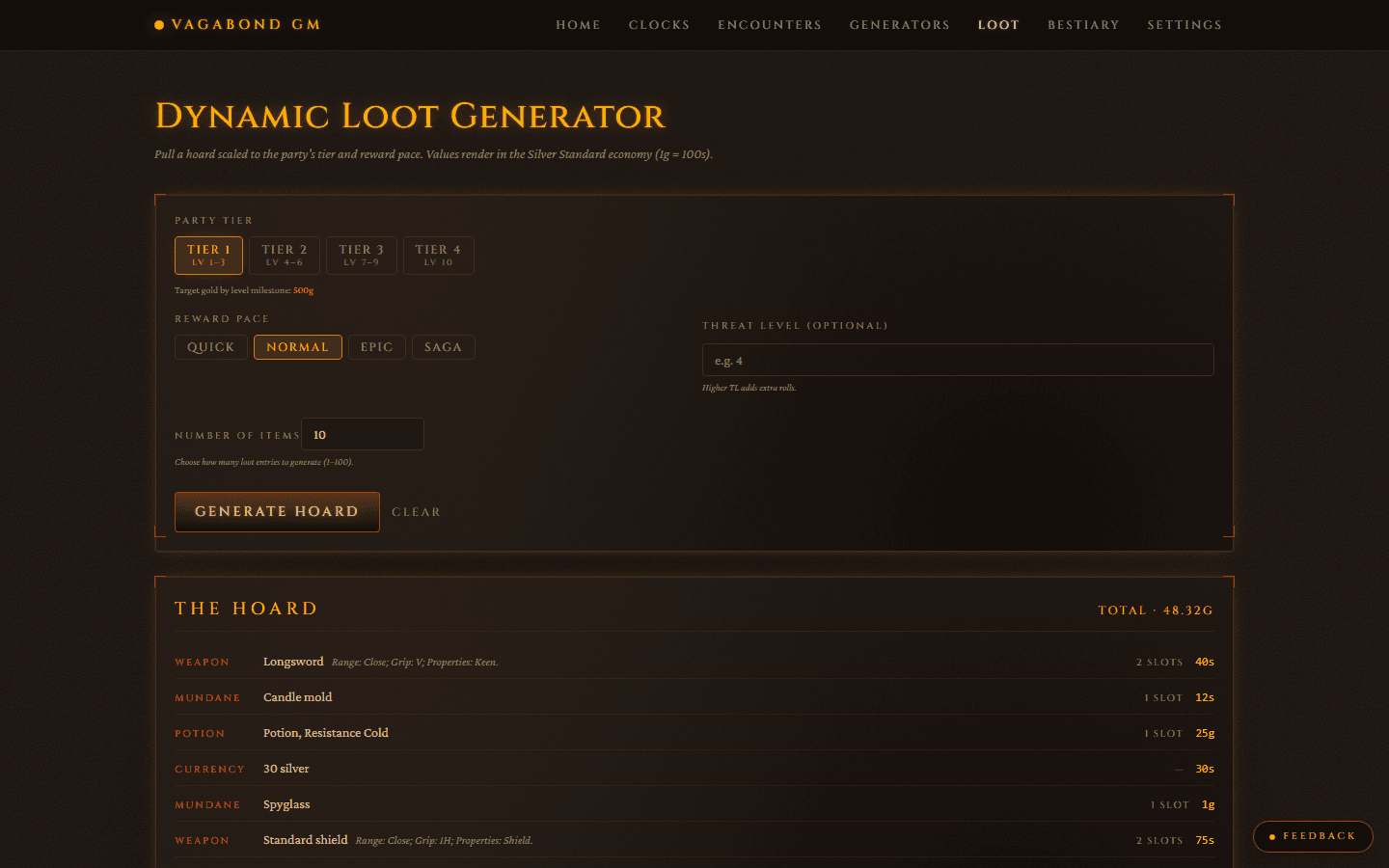 GM Toolkit loot generator interface with item controls and generated treasure.